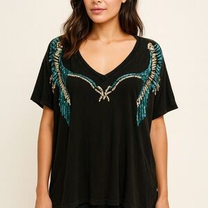 POL Black Tee with Teal Embellishments